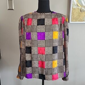 POET by Nicola Vintage 80's Bold Colorblock Retro Geometric Silky Blouse Size 12